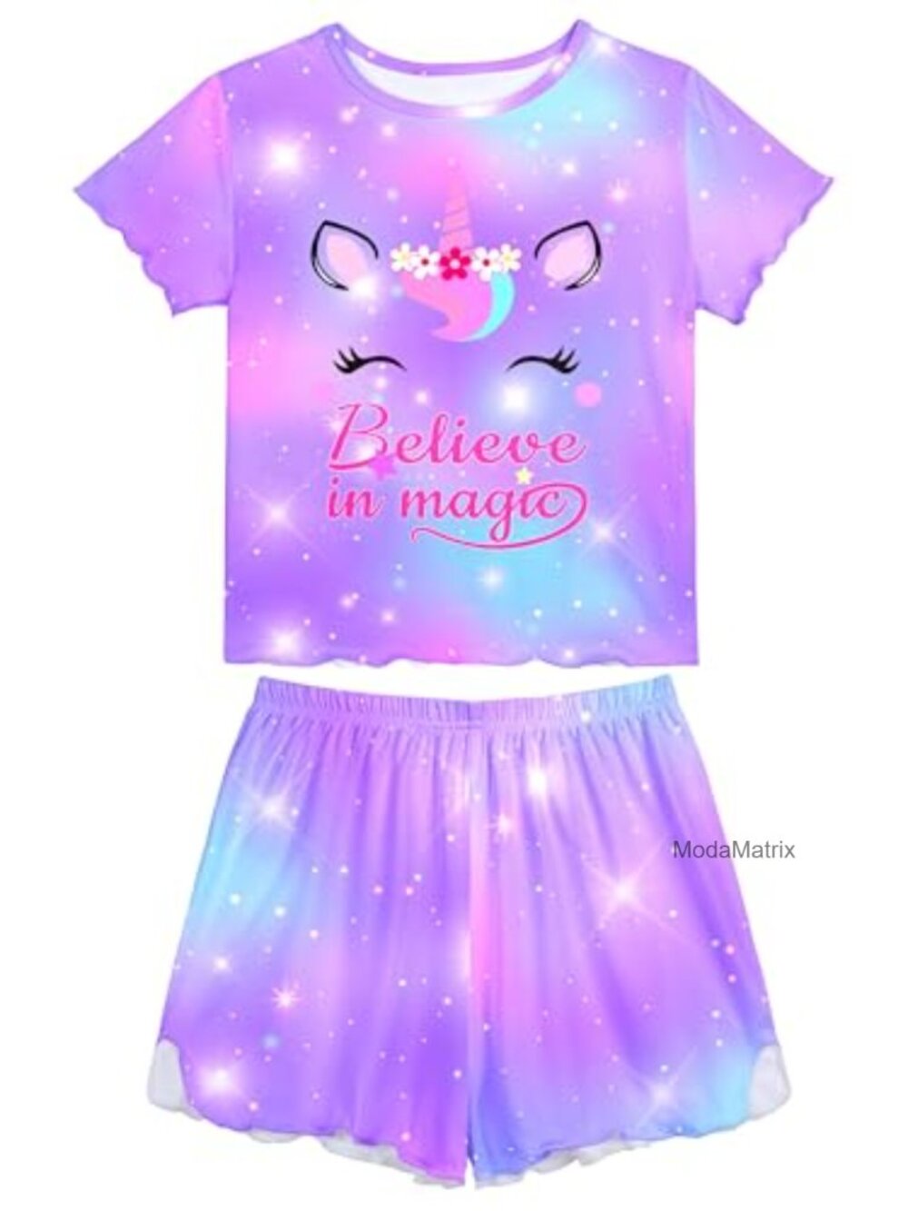 Girls 2 Piece Pajama Set Short Sleeve Ruffled Polyester Spandex Summer Sleepwear